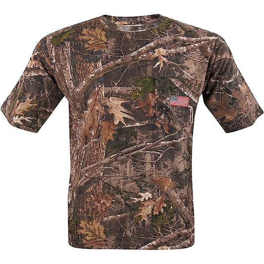 Men's Patriotic Camo T-Shirt: USA Flag Embroidery, Camouflage Street & Gym Wear, Chest Pocket, Hunting Apparel