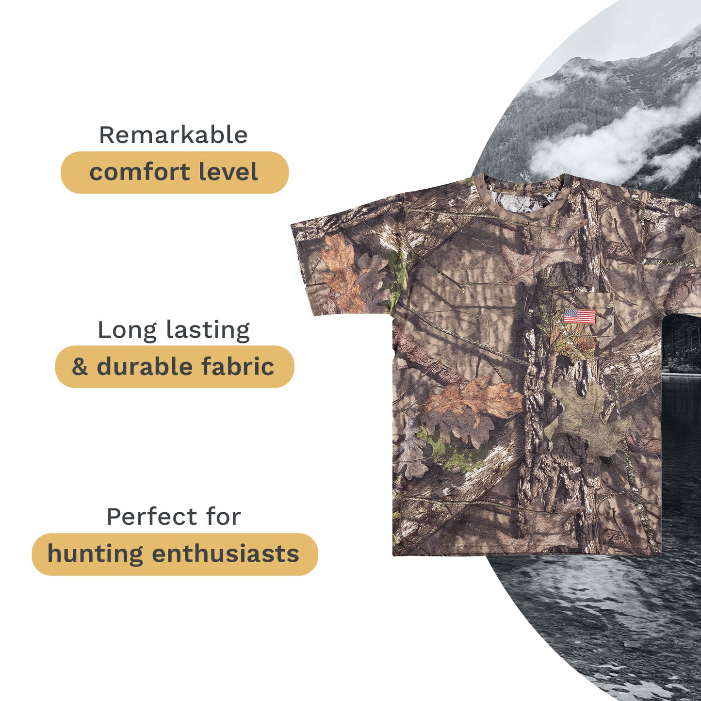 Men's Patriotic Camo T-Shirt: USA Flag Embroidery, Camouflage Street & Gym Wear, Chest Pocket, Hunting Apparel